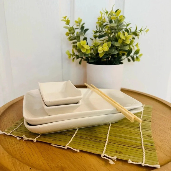 SUSHI SERVING SET ~ 2-piece classic clean white sushi platters and wasabi dish - Picture 6 of 7